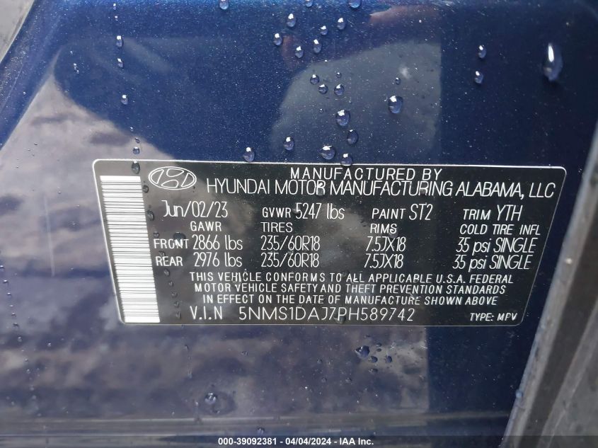 2023 Hyundai Santa Fe Se VIN: 5NMS1DAJ7PH589742 Lot: 39092381