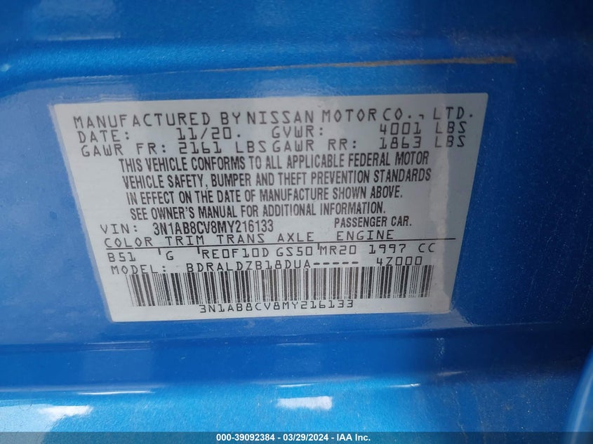 2021 NISSAN SENTRA 2.0L I-4 DI, DOHC, V(VIN: 3N1AB8CV8MY216133