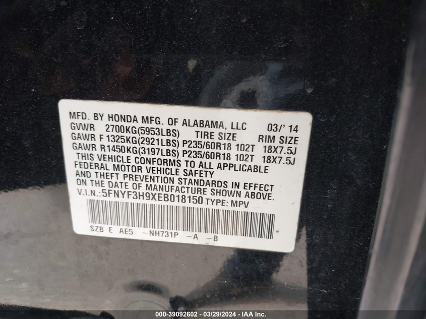 2014 HONDA PILOT TOURING - 5FNYF3H9XEB018150