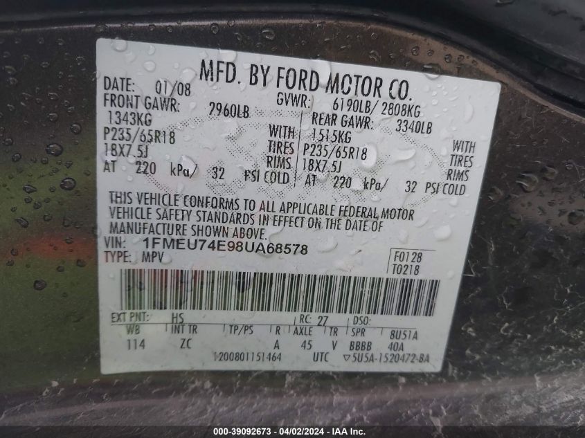 1FMEU74E98UA68578 2008 Ford Explorer Eddie Bauer