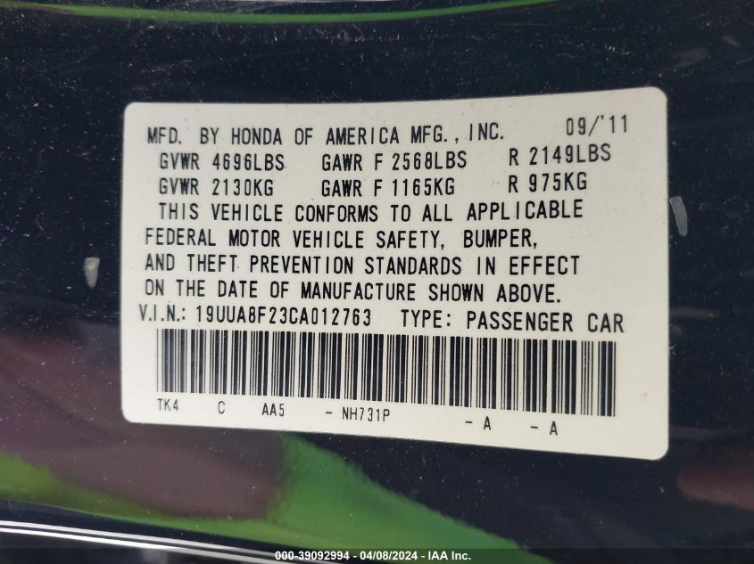 2012 Acura Tl 3.5 VIN: 19UUA8F23CA012763 Lot: 39092994