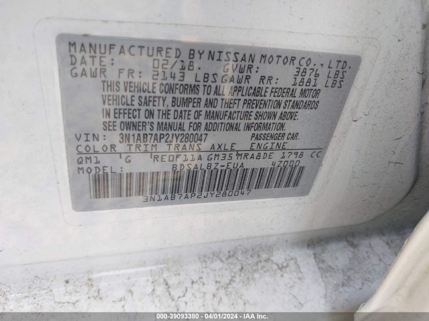 VIN 3N1AB7AP2JY280047 2018 NISSAN SENTRA S/SV/SR/SL