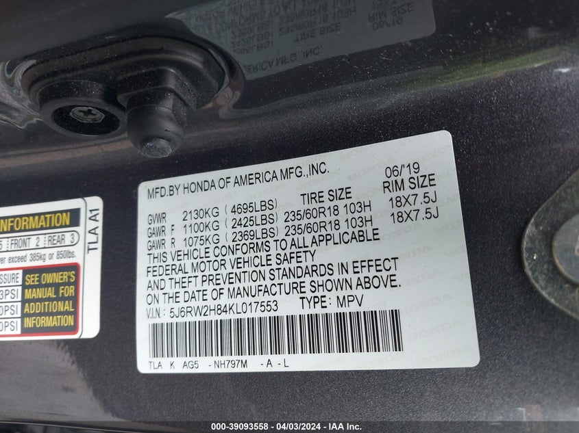 VIN 5J6RW2H84KL017553 2019 HONDA CR-V EX-L