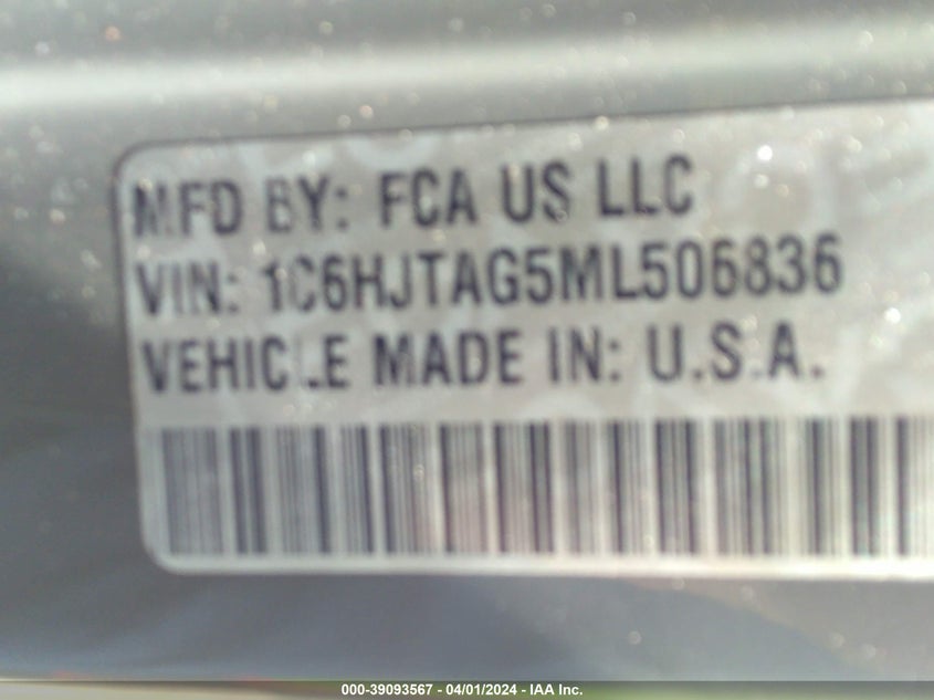 VIN 1C6HJTAG5ML506836 2021 JEEP GLADIATOR SPORT S 4X4