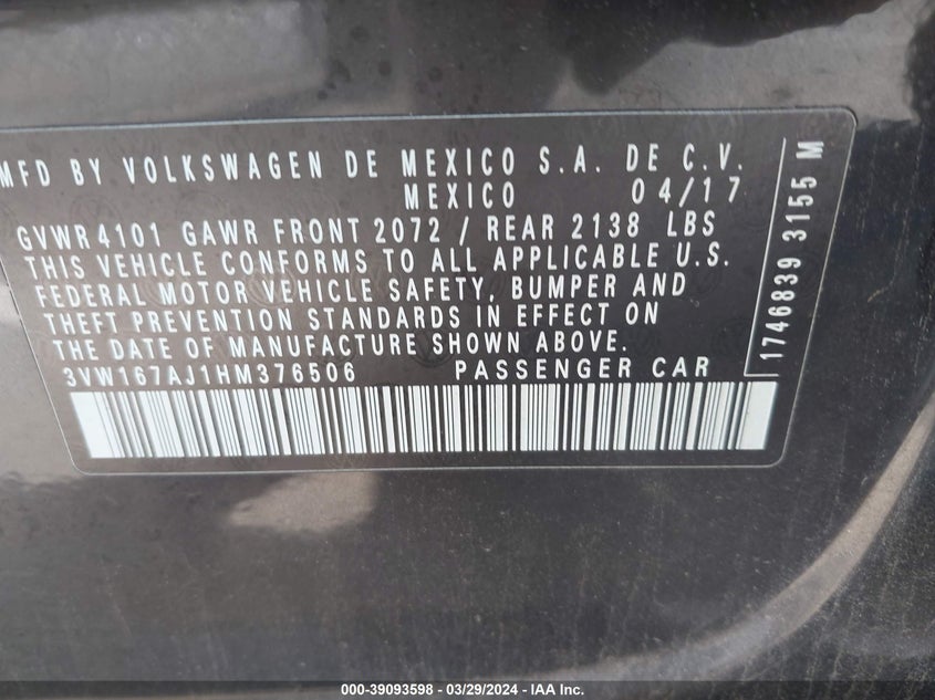 2017 VOLKSWAGEN JETTA 1.4T S - 3VW167AJ1HM376506