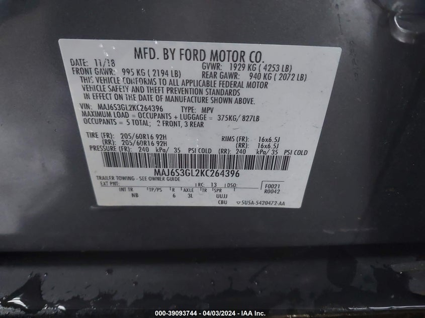 2019 FORD ECOSPORT SE - MAJ6S3GL2KC264396