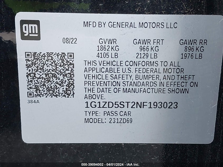 2022 CHEVROLET MALIBU LT - 1G1ZD5ST2NF193023