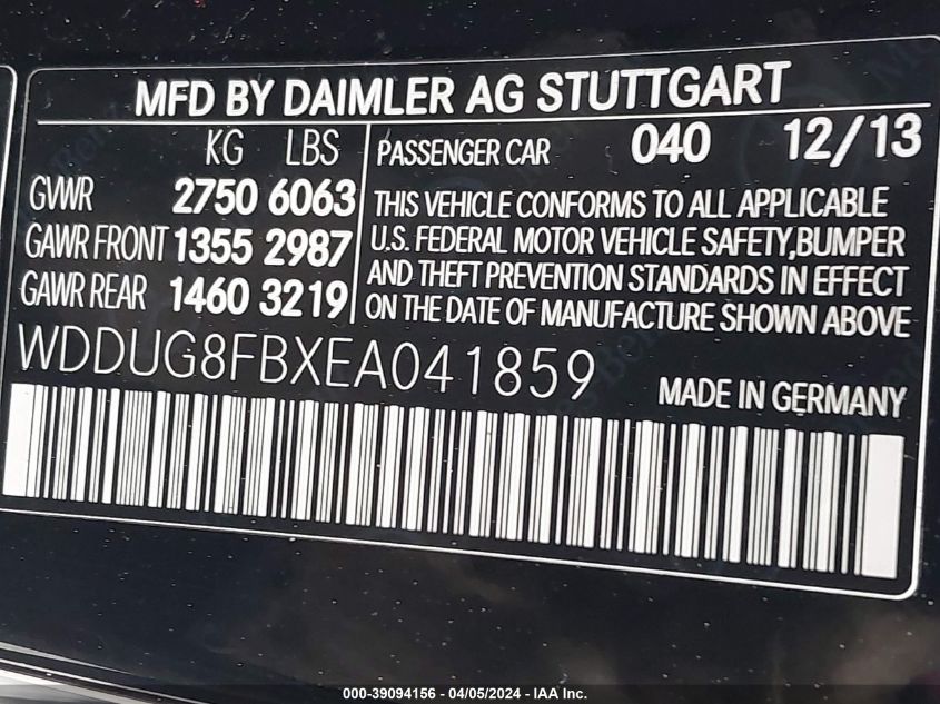 2014 Mercedes-Benz S 550 4Matic VIN: WDDUG8FBXEA041859 Lot: 39094156