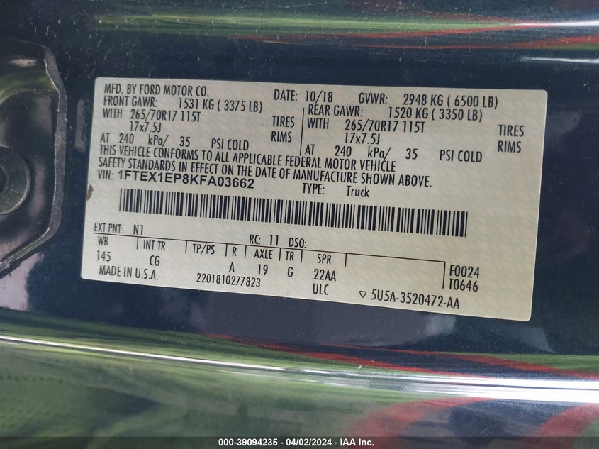 VIN 1FTEX1EP8KFA03662 2019 FORD F-150 XL