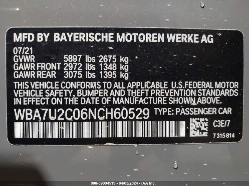 2022 BMW 750 I xDrive VIN: WBA7U2C06NCH60529 Lot: 39094519