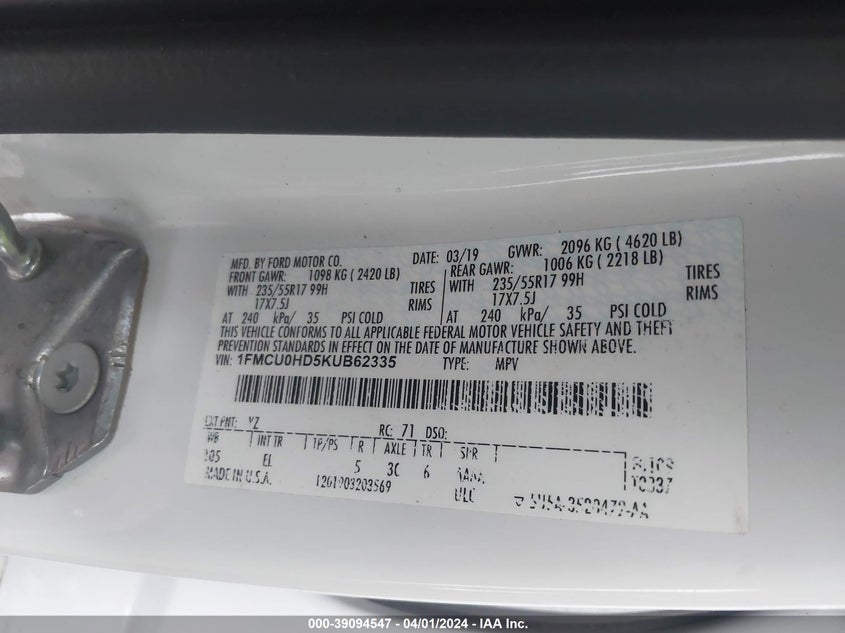VIN 1FMCU0HD5KUB62335 2019 FORD ESCAPE SEL