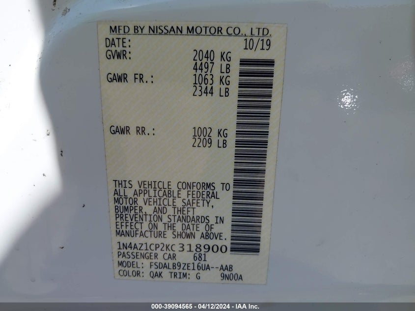 2019 NISSAN LEAF S - 1N4AZ1CP2KC318900