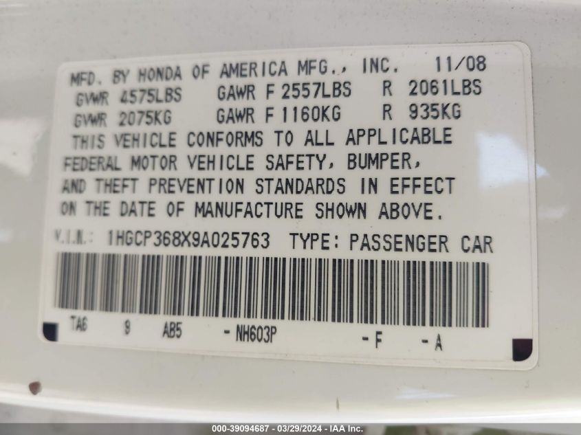 1HGCP368X9A025763 | 2009 HONDA ACCORD