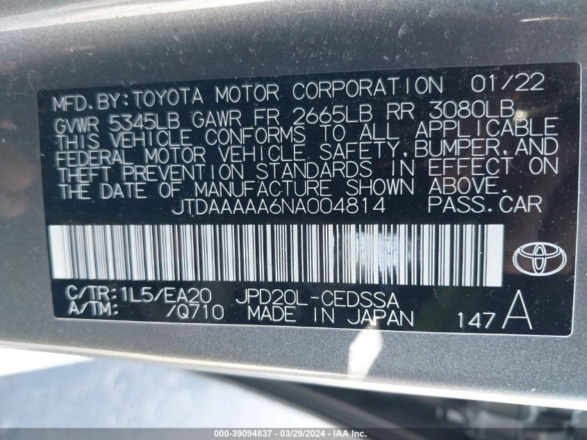 JTDAAAAA6NA004814 2022 Toyota Mirai Xle