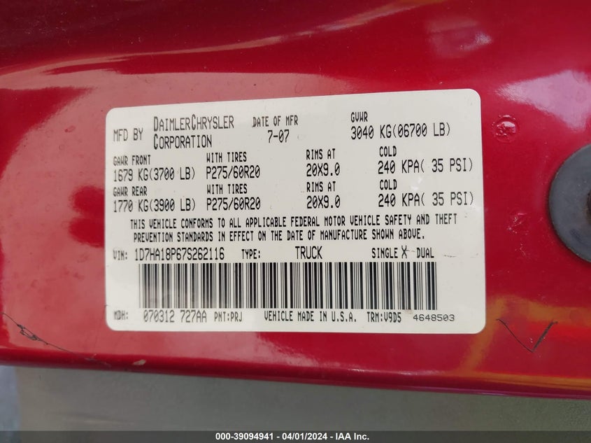 1D7HA18P67S262116 2007 Dodge Ram 1500 Slt