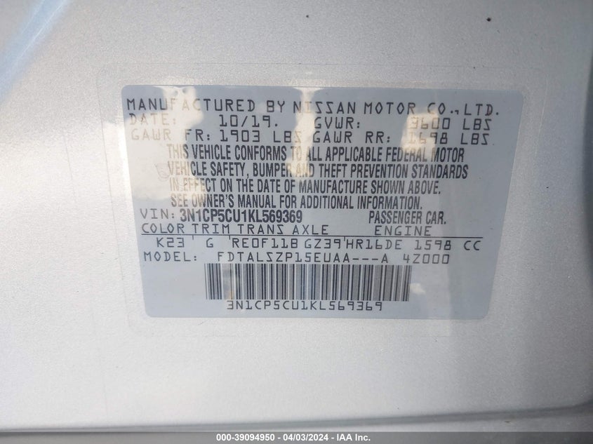 VIN 3N1CP5CU1KL569369 2019 NISSAN KICKS SV