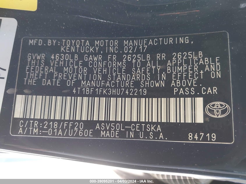 2017 TOYOTA CAMRY SE - 4T1BF1FK3HU742219