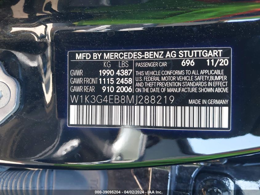 2021 MERCEDES-BENZ A 220 VIN: W1K3G4EB8MJ288219