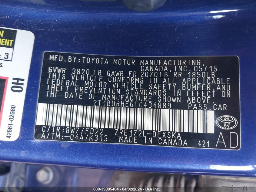 2015 TOYOTA COROLLA L/LE/LE PLS/PRM/S/S PLS - 2T1BURHE6FC434889