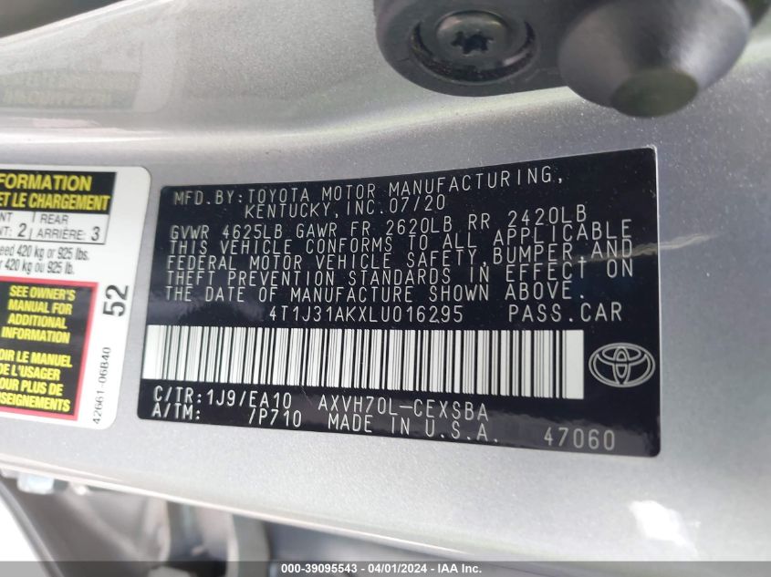 2020 Toyota Camry Se Hybrid VIN: 4T1J31AKXLU016295 Lot: 39095543