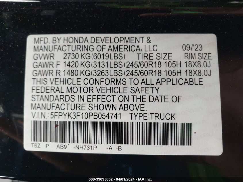 2023 HONDA RIDGELINE 3.5L V-6 DI, VVT, 28(VIN: 5FPYK3F10PB054741