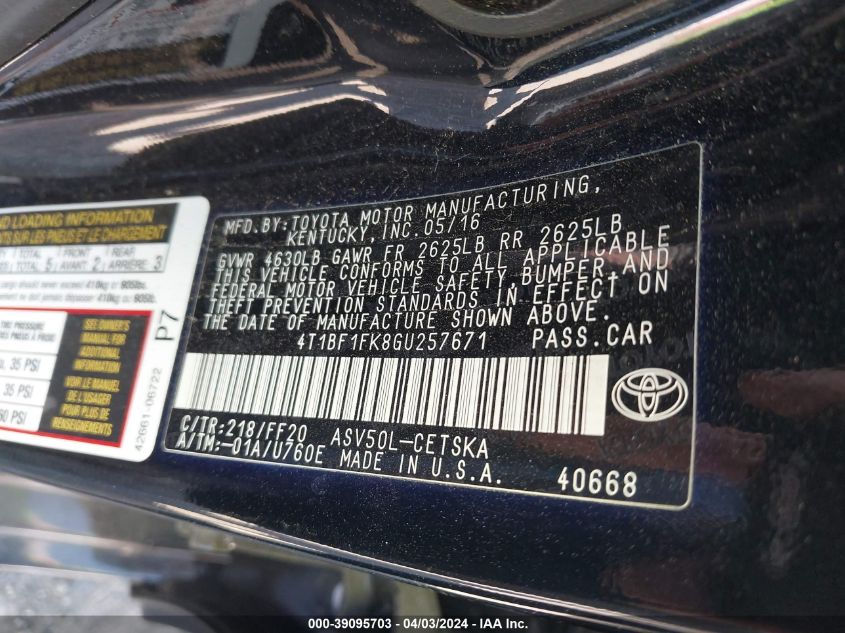 4T1BF1FK8GU257671 2016 Toyota Camry Se