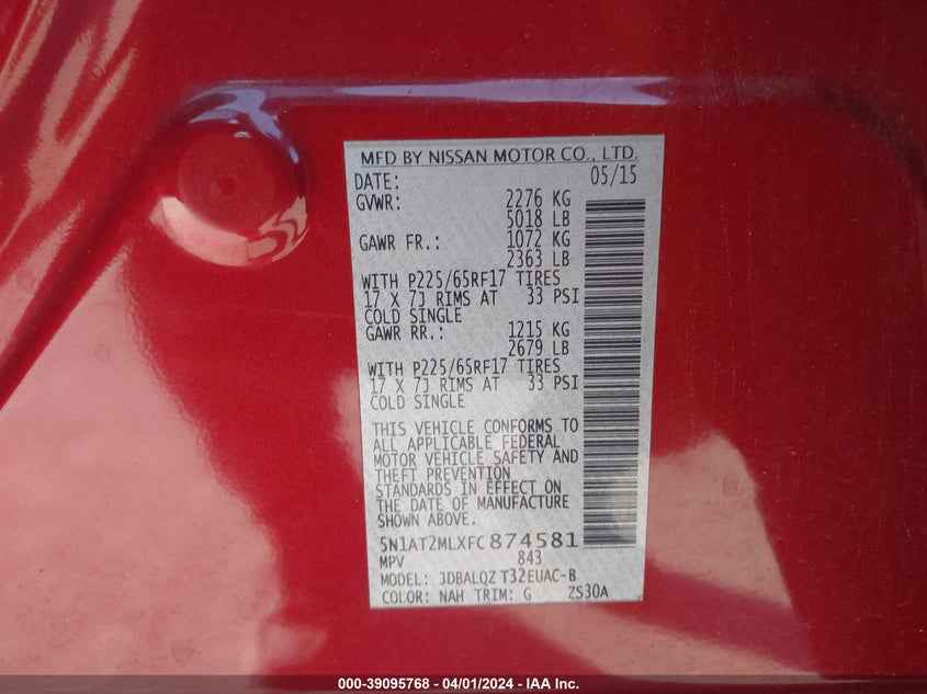 2015 NISSAN ROGUE S/SL/SV - 5N1AT2MLXFC874581