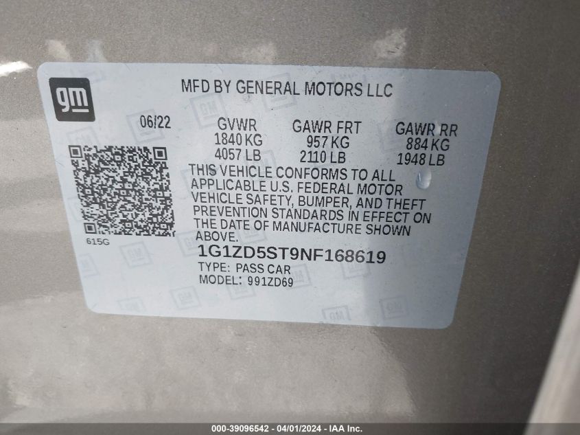 1G1ZD5ST9NF168619 | 2022 CHEVROLET MALIBU