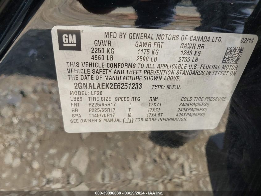 2GNALAEK2E6251233 2014 Chevrolet Equinox Ls