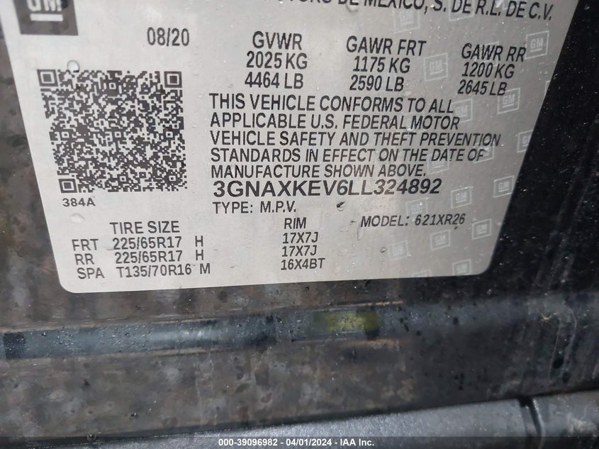 VIN 3GNAXKEV6LL324892 2020 CHEVROLET EQUINOX LT