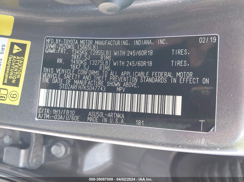 2019 TOYOTA HIGHLANDER VIN: 5TDZARFH7KS047743