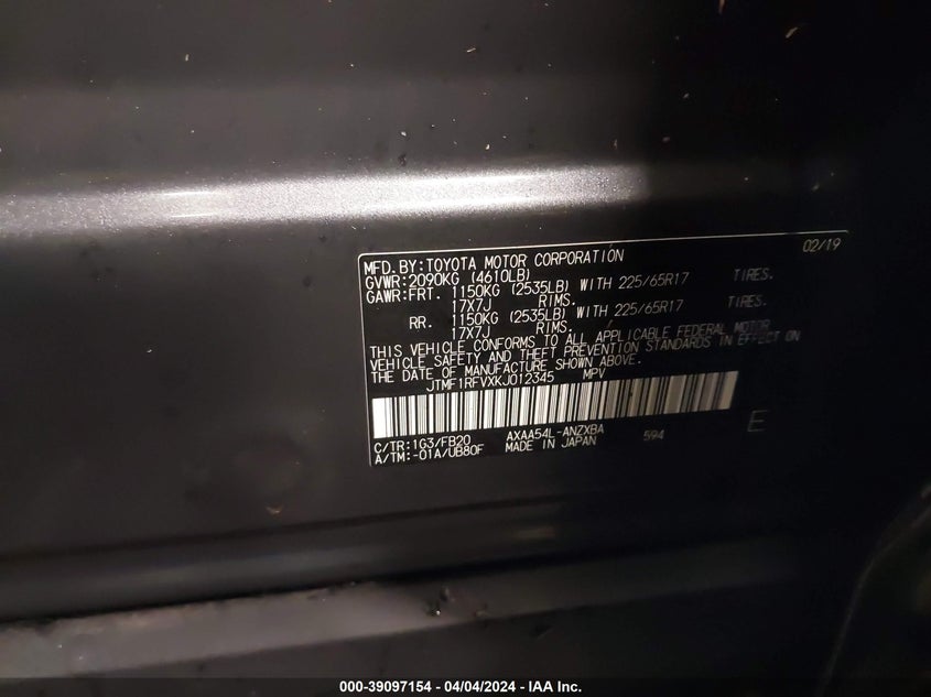 2019 TOYOTA RAV4 LE - JTMF1RFVXKJ012345