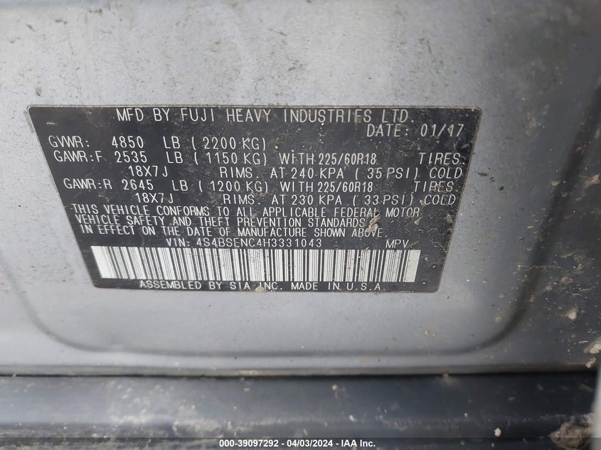 VIN 4S4BSENC4H3331043 2017 SUBARU OUTBACK 3.6R LIMITED