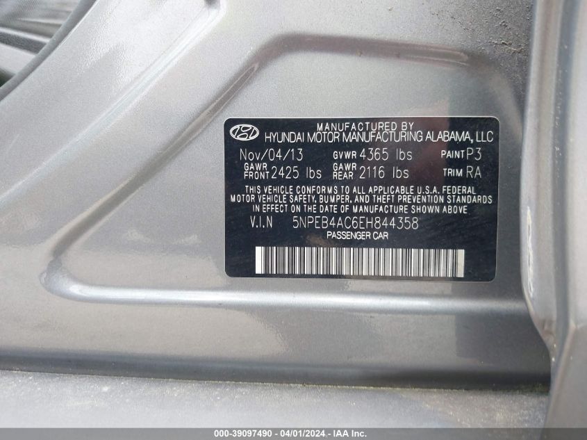 5NPEB4AC6EH844358 | 2014 HYUNDAI SONATA