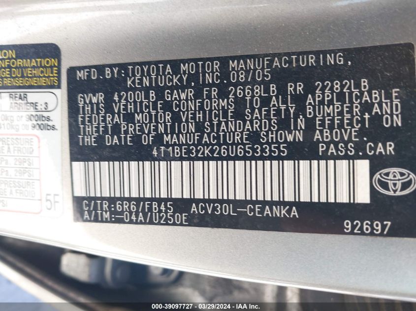 4T1BE32K26U653355 | 2006 TOYOTA CAMRY