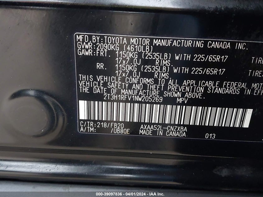 VIN 2T3H1RFV1NW205269 2022 TOYOTA RAV4 LE
