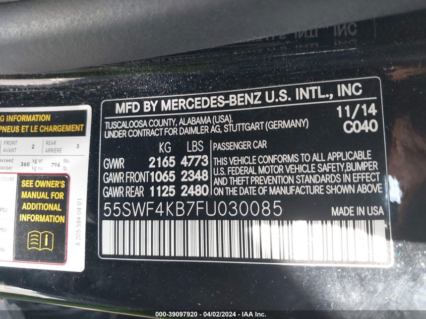 2015 MERCEDES-BENZ C 300 300 4MATIC - 55SWF4KB7FU030085