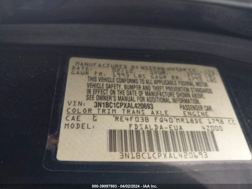 2010 Nissan Versa 1.8S VIN: 3N1BC1CPXAL420693 Lot: 39097983