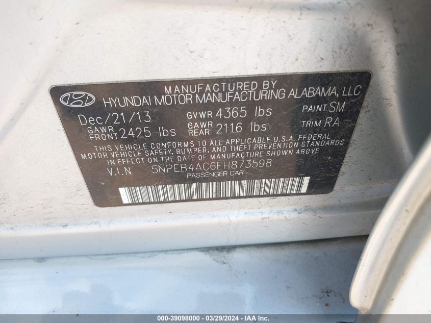 5NPEB4AC6EH873598 | 2014 HYUNDAI SONATA