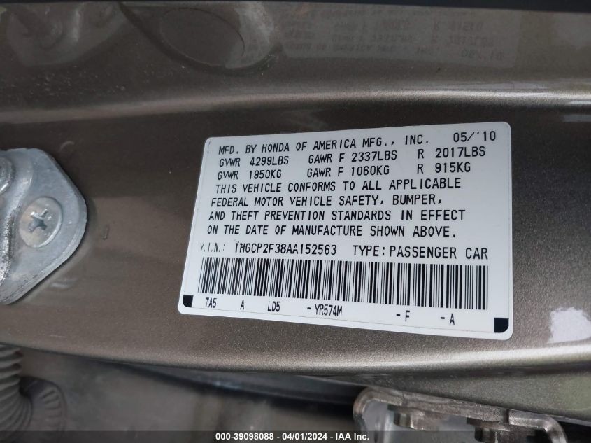 1HGCP2F38AA152563 | 2010 HONDA ACCORD