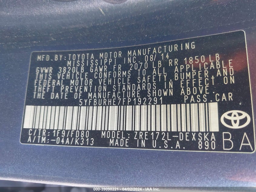 2015 TOYOTA COROLLA S PLUS - 5YFBURHE7FP192291