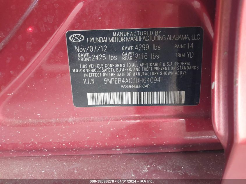 5NPEB4AC3DH640941 | 2013 HYUNDAI SONATA