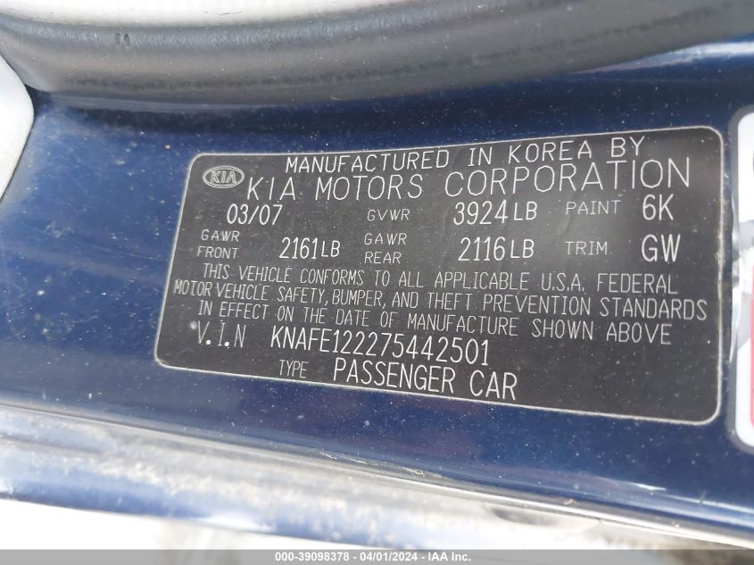 KNAFE122275442501 | 2007 KIA SPECTRA