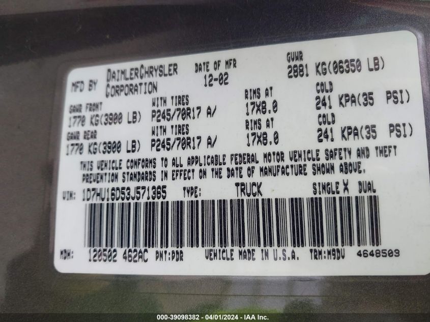 1D7HU16D53J571365 | 2003 DODGE RAM 1500