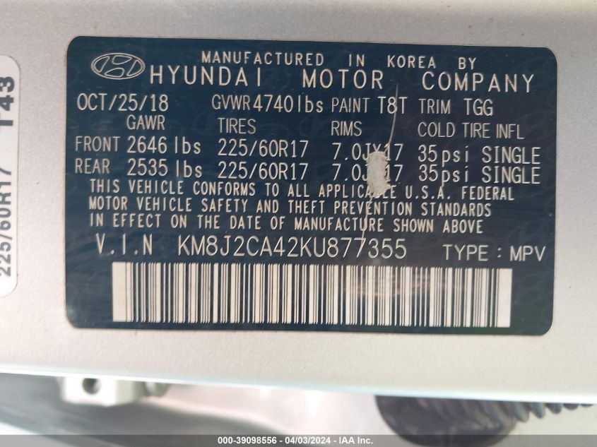 KM8J2CA42KU877355 2019 Hyundai Tucson Se