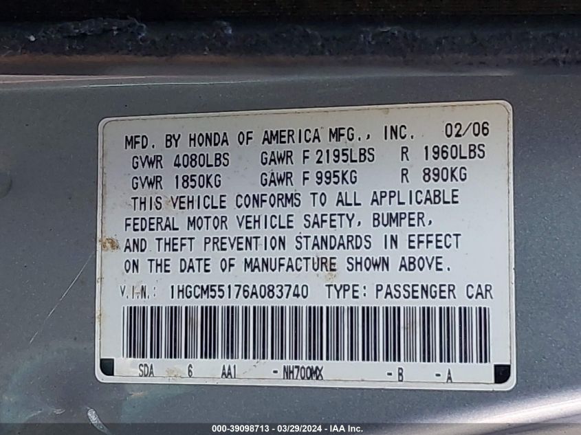 1HGCM55176A083740 | 2006 HONDA ACCORD