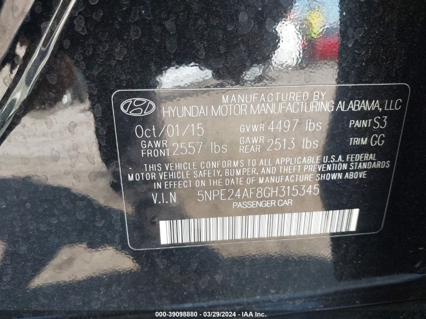 5NPE24AF8GH315345 | 2016 HYUNDAI SONATA