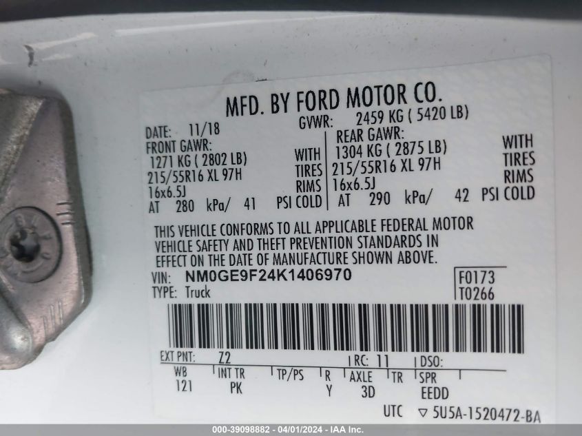 NM0GE9F24K1406970 2019 Ford Transit Connect Xlt