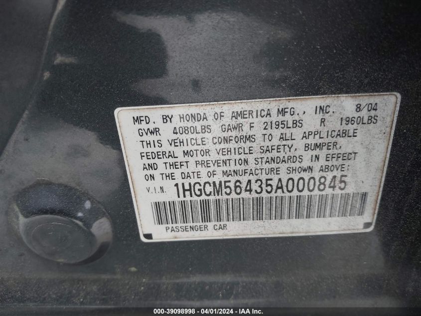 1HGCM56435A000845 | 2005 HONDA ACCORD