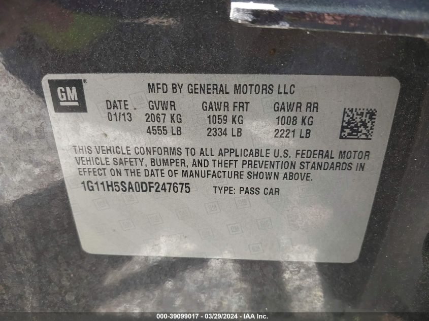 1G11H5SA0DF247675 | 2013 CHEVROLET MALIBU